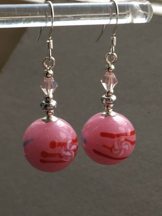 Art Deco / Vintage Murano Style Pink Glass 925 Sterling Silver Earrings