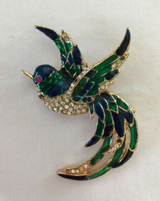 Vintage Brooch Pin Bird Of Paradise Enamel Rhinestones Stunning