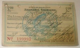 State Of California - Angling License Citizen Geo.  Payton 1929 No 199993
