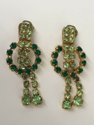 Vintage Costume Jewellery Gold Tone Green Rhinestone Dangle Clip On Earrings