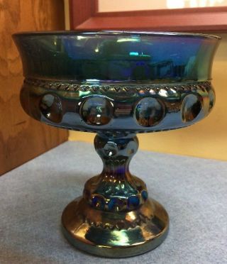 Vintage Indiana Glass Blue Carnival Kings Crown Thumbprint Compote 5.  25 Tall