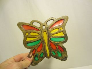 Vintage Stained Glass Brass Butterfly Trivet