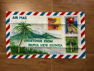 Vintage Pure Linen Tea Towel Papua Guinea Postage Stamp Design Collectable