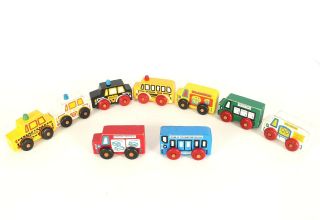 9 Vtg Montgomery Schoolhouse Wooden Toy Cars Trucks Bus Police Fire Taxi Mail