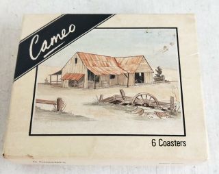 Vintage Cork Backed Drink Coasters.  Outback Buildings,  Cameo,  Zealand (8403)