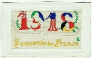 Ww1 Embroidered Silk Postcard 1918 Year Date Souvenir De France Vintage 1918