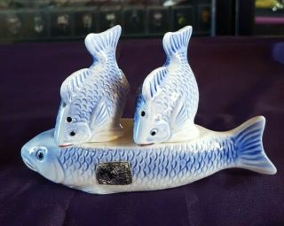 Vintage Blue Ceramic Fish Salt & Pepper Shakers Grizelle Japan Collectable Vgc