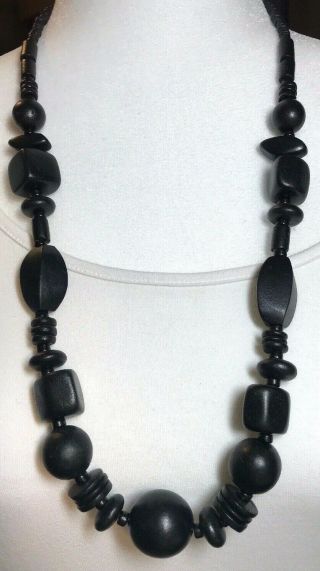 Vintage Wood Ethnic Tribal Chunky Black Beaded Necklace