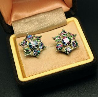 Vintage Jewellery Gorgeous 195os Silver Tone Rainbow Iris Clip On Earrings