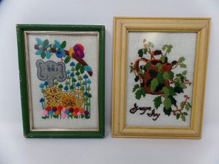 Vintage 1970s Crewel Embroidery Framed Wall Art Jungle Animal & Grape Ivy Theme