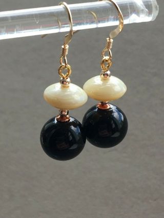 Art Deco / Ivory And Black Vintage Glass Gold Filled Earrings