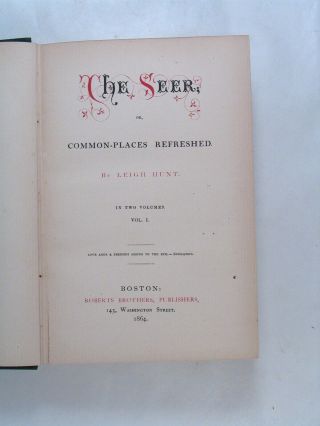 rare 1864 THE SEER by LEIGH HUNT,  2 volumes.  Hard cover books,  624 pages total 2