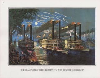 1972 Vintage Currier & Ives " Mississippi Steamboat Racing Color Print Lithograph