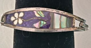 Vintage Alpaca Mexican Hinged Bracelet Purple Enamel & Abalone Inlay