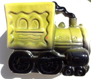 Vintage Large Ceramic Happy Train Engine Coin / Piggy Bank - Green Black