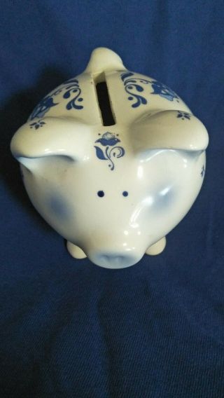 Vintage Ceramic Enesco White & Blue Floral Pig Piggy Bank Oink Nursery