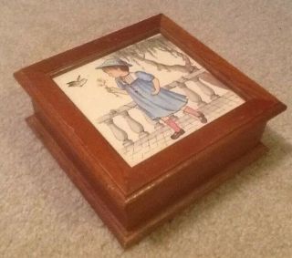 Vintage Small Wooden Jewelry Box With Picture Of Girl Bird 6 Inches