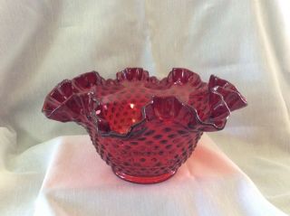 Fenton Ruby Red Hobnail Ruffled Edge Large Bowl,  Vintage Art Glass