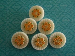 6 Vintage White Glass Buttons Raised Yellow Flowers 18mm Sew Craft Knit Jewel