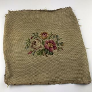 Vintage Needlepoint Chair Seat Cover Floral Finished Beige 16 X 15