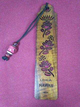 Vintage Lehua Hawaii Bookmark Koa Wood Beaded Cutout Flowers 6 " Long