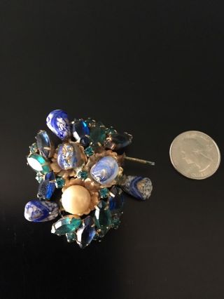 Vtg Costume Jewelry Brooch Pin Blue Stones Rhinestones Craft Repair Gold Tone