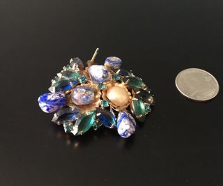 Vtg Costume Jewelry Brooch Pin Blue Stones Rhinestones Craft Repair Gold Tone 2