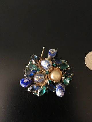 Vtg Costume Jewelry Brooch Pin Blue Stones Rhinestones Craft Repair Gold Tone 3