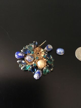 Vtg Costume Jewelry Brooch Pin Blue Stones Rhinestones Craft Repair Gold Tone 4