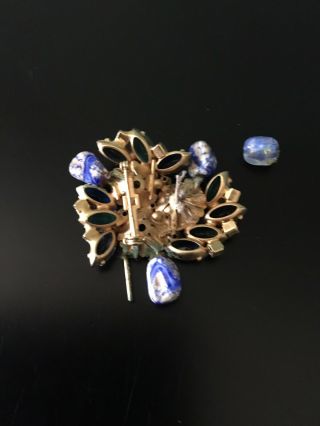 Vtg Costume Jewelry Brooch Pin Blue Stones Rhinestones Craft Repair Gold Tone 5