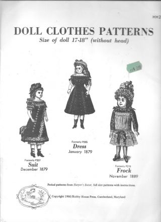 Doll Clothes Sewing Pattern 17 - 18 " Hobby House Vintage Style 1880 