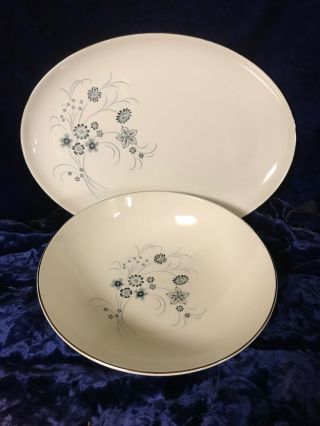 Vtg Taylor Smith Taylor Blue Floral White China Silver Rim Serving Bowl Platter