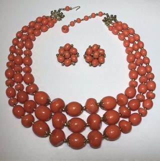 Vintage Coral Orange Beaded 3 Strand Necklace & Clip On Earring Signed Hong Kong