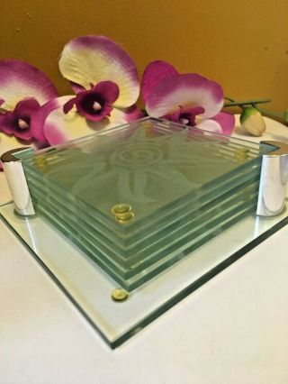 Vintage Set 6 Square 3.  5 " Coasters & Caddie Elegant Sunburst Etched Glass Design