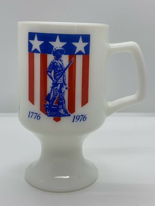 Vintage Milk White Glass Pedestal Coffee Mug Cup Bicentennial Soldier 1776