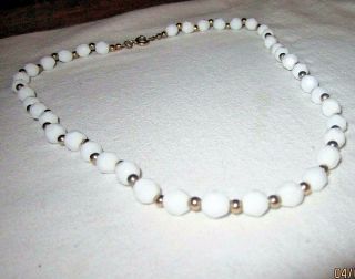 Vtg Art Deco Faceted White Milk Glass Micro - Beaded Exotic Estate Necklace 16 "
