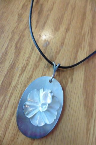 Vintage Mother Of Pearl Pendant Necklace Sterling Silver Bail 16 " Leather Cord