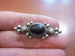 Vtg Sterling Silver Black Onyx And White Pearl Pin Brooch 8.  8 Grams