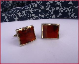 Cufflinks Vintage 1950s Silver Toned With Resin Patterned Inlay Square Facing
