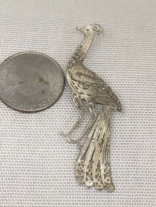 Vtg 2.  25” Sterling Silver Cannetille Filigree Peacock Brooch Pin 2 - 1