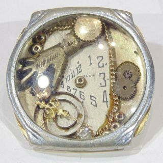 Vintage Artisan Handmade Steampunk Watch Parts Collage Ooak Pin Brooch Gf Back