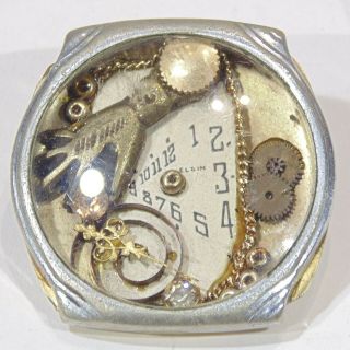 Vintage artisan handmade steampunk watch parts collage OOAK pin brooch GF back 2