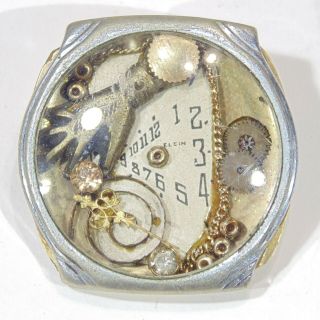 Vintage artisan handmade steampunk watch parts collage OOAK pin brooch GF back 3
