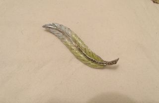 Vintage Silver Colour Marcasite,  Pale Blue & Lime Enamel Fern Leaf Brooch Pin