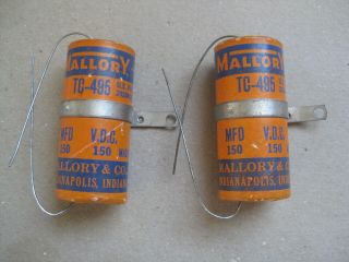 Pair Nos Mallory 150 Uf 150v Electrolytic Capacitors Paper Axial Tubular Tc - 495