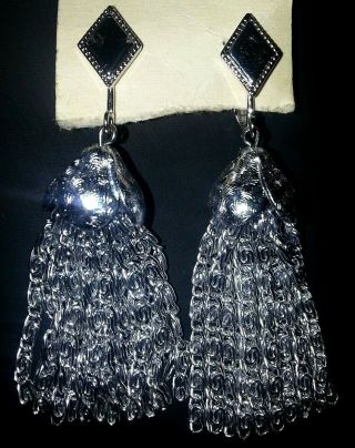 Sarah Coventry Signed Silver - Toned Dangle Earrings Tassel Clip - On Vintage