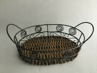 Vintage Brown Metal Wire & Wicker Basket With Handle - Home Decor 10 " X 7 " X 3 "