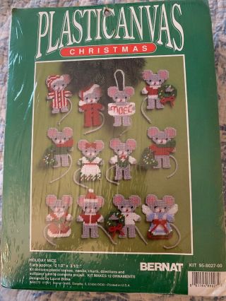 Holiday Mice Bernat Christmas Plastic Canvas Cross Stitch Ornament Kit Vintage