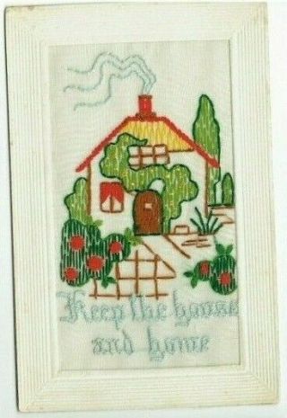Ww1 Embroidered Silk Postcard " Keep The House & Home " J.  S Paris Vintage 1914 - 18