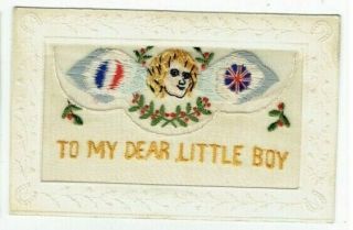Ww1 Sentiment Embroidered Silk Postcard To My Dear Little Boy Vintage 1914 - 1918